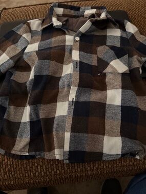 Brown and Navy Plaid Flannel Button-Up Shirt